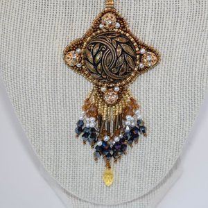 Handmade Bead Embroidery Gold, Black, Amber Bead, Pearl and Crystal Necklace